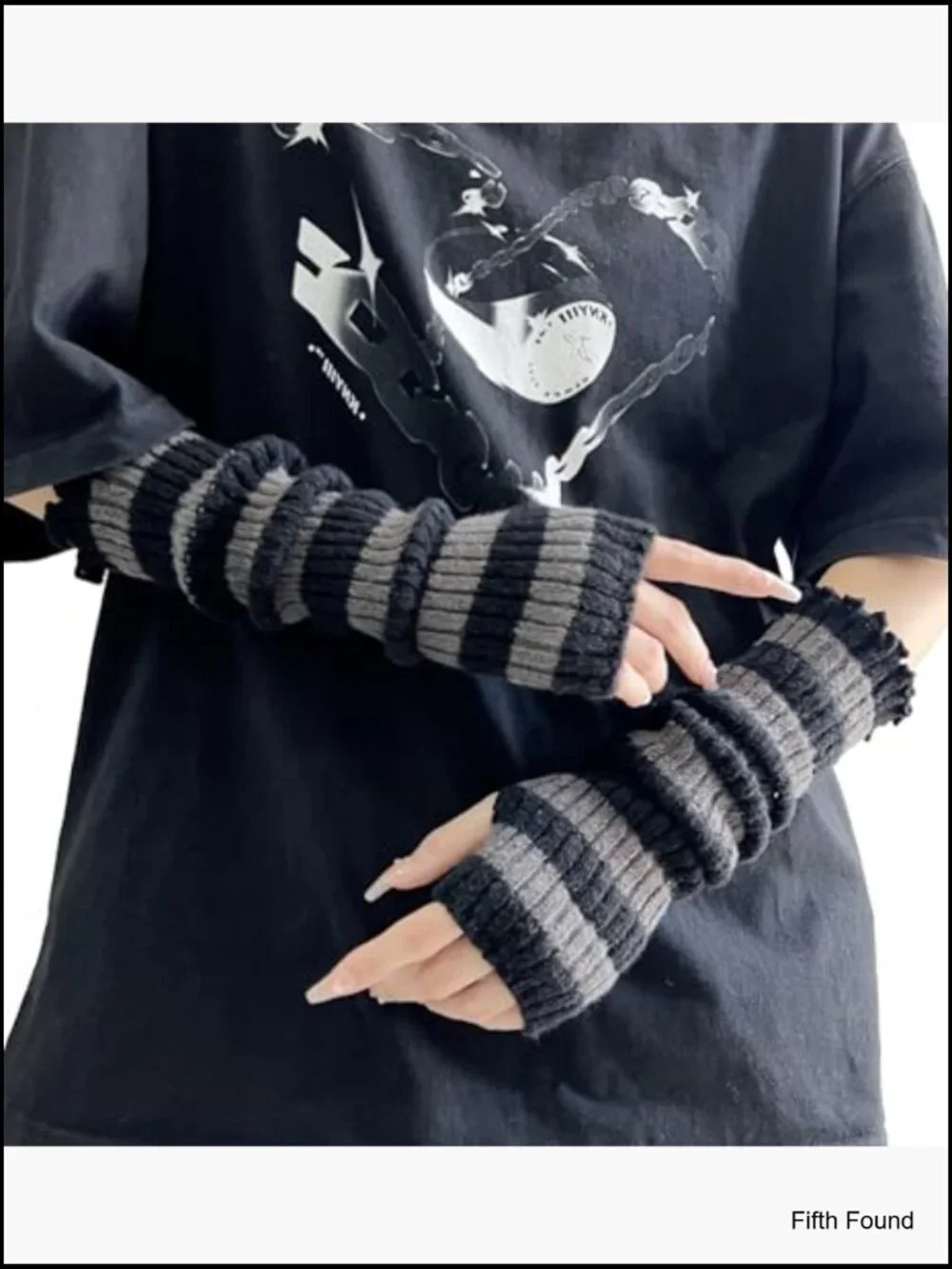 Punk Striped Knit Fingerless Arm Warmers with Thumb Hole Goth Y2k Cosplay Gloves